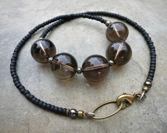 Chunky Smoky Quartz Necklace, bold yet neutral brown gray quartz crystal necklace with matte black beaded chain