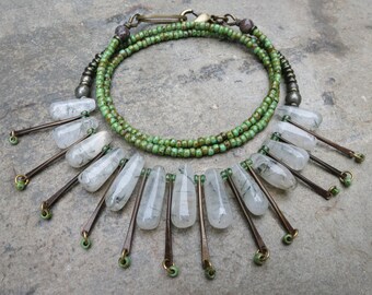 Tourmalinated Quartz Bead Necklace, tribal style white, green, and bronze inclusion quartz necklace