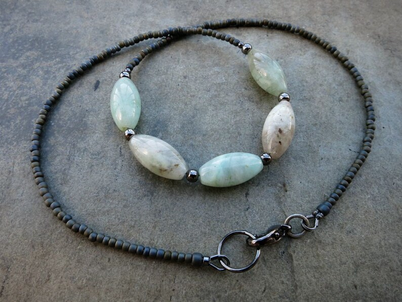 Mint Green Aquamarine Necklace rustic light green and gray Bohemian style beaded March birthstone jewelry white