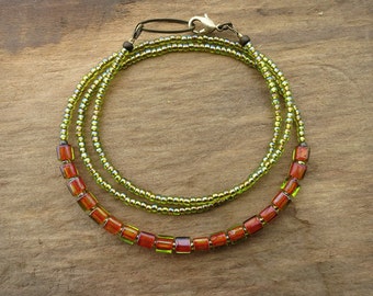 Colorful Bohemian Necklace, bright neon yellow-green and reddish orange fluorescent jewelry, dainty layering necklace