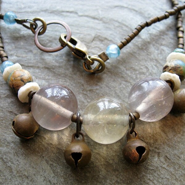 Tribal Necklace, Fluorite Necklace with brass bells, aqua terra jasper, kyanite, and bone (matching earrings also available)