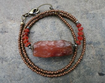 Rough Red Carnelian Necklace, raw orange stone rustic Bohemian or tribal style handmade beaded jewelry