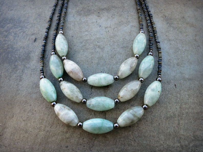Mint Green Aquamarine Necklace rustic light green and gray Bohemian style beaded March birthstone jewelry white