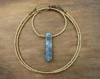 Blue Kyanite Crystal Necklace, dainty sky blue and gold minimalist beaded pendant