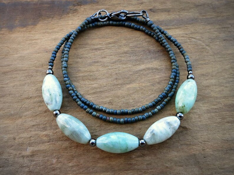 Mint Green Aquamarine Necklace rustic light green and gray Bohemian style beaded March birthstone jewelry white