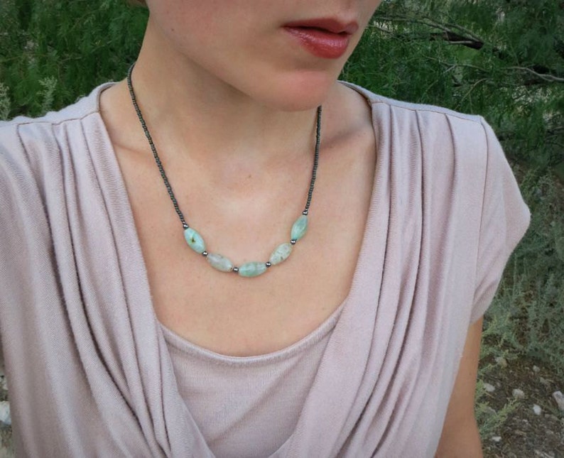 Mint Green Aquamarine Necklace rustic light green and gray Bohemian style beaded March birthstone jewelry white
