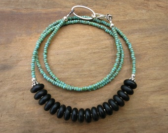 Black and Turquoise Necklace, rustic Western style black stone necklace with Turquoise seed beads and silver accents