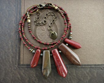 Jasper Tribal Necklace, red and brown statement jewelry, rustic Bohemian style Picasso Jasper stone bead fan necklace