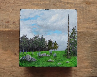 Small Spring Landscape Painting, original 4x4 inch collectible miniature acrylic art scene, green meadow, flowers, trees