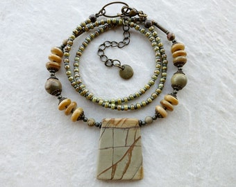 Green-Grey Jasper Necklace, rustic Bohemian style beaded Picasso jasper stone pendant jewelry in gray green and ochre yellow