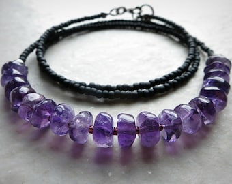 Dainty Purple Amethyst Necklace, beaded Bohemian style February birthstone jewelry in black and purple