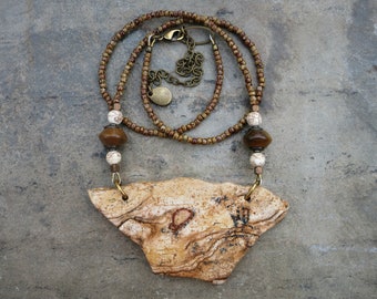 Picture Jasper Statement Necklace, bold chunky natural brown and tan stone slab pendant with beaded chain