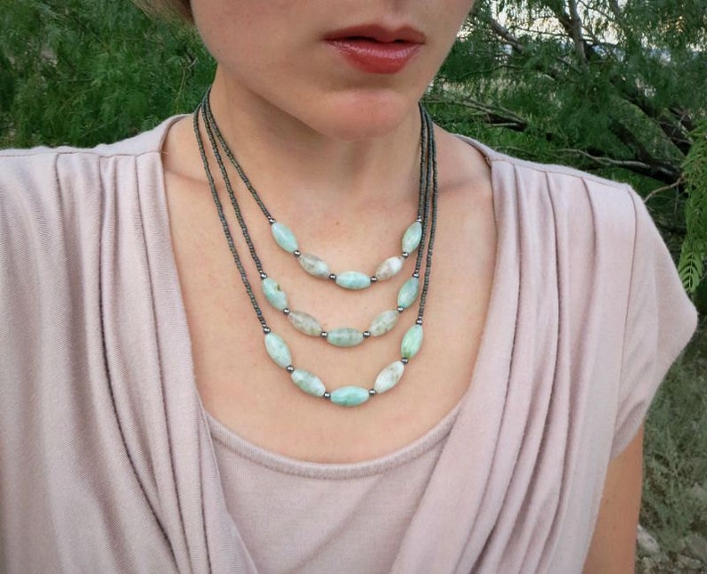 Mint Green Aquamarine Necklace rustic light green and gray Bohemian style beaded March birthstone jewelry white