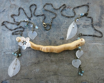 Driftwood Statement Necklace, unique art necklace with white leaves & flowers, handmade wood nature inspired jewelry