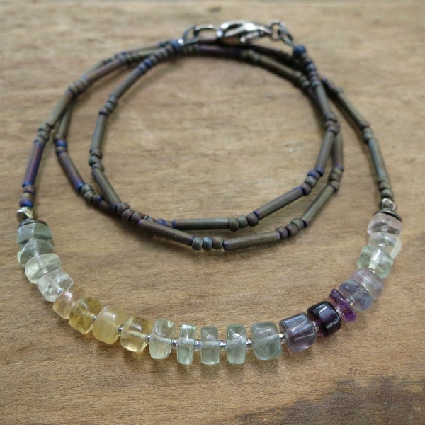 Dainty Rainbow Fluorite Necklace, everyday necklace with green, purple, yellow, and blue fluorite, subtle Boho Bohemian or hippie jewelry