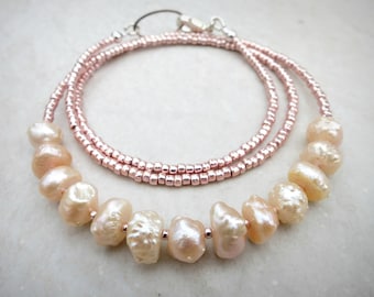 Pink Pearl Necklace, unique rustic yet feminine freshwater pearl beaded jewelry, June birthstone