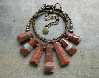 Red Jasper Statement Necklace, rustic tribal style brick red and white brecciated jasper fan necklace, Bohemian bead jewelry