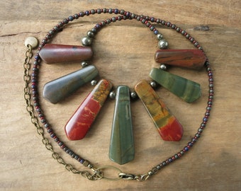 Rustic Jasper Statement Necklace, tribal style red creek jasper fan necklace with stone spike beads and fall winter colors