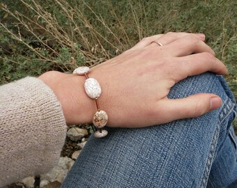 Magnesite and Copper Bracelet, rustic white turquoise bracelet with light pink markings and raw copper, Bohemian jewelry