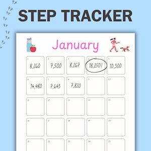 May include: A printable step tracker calendar for the month of January. The calendar has a simple design with white boxes for each day of the month. The numbers 1 through 25 are printed in the top left corner of each box. Some boxes have numbers written in them, such as 8,260, 7,500, 8,267, 18,250, and 10,300.