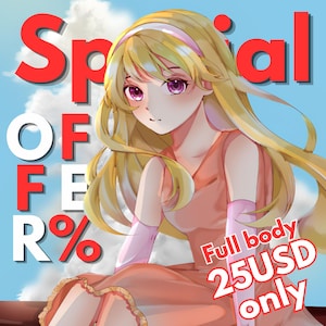 May include: An anime-style illustration of a young person with long blonde hair, wearing a peach-colored dress and pink arm warmers. The image includes text that reads "Special Offer" and "Full body 25USD only" against a blue sky background.