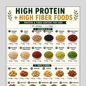 May include: A nutritional chart titled HIGH PROTEIN + HIGH FIBER FOODS displaying protein and fiber content per 100g for various legumes, soy, nuts, and seeds. The poster features numbered images of food items with corresponding P and F values.