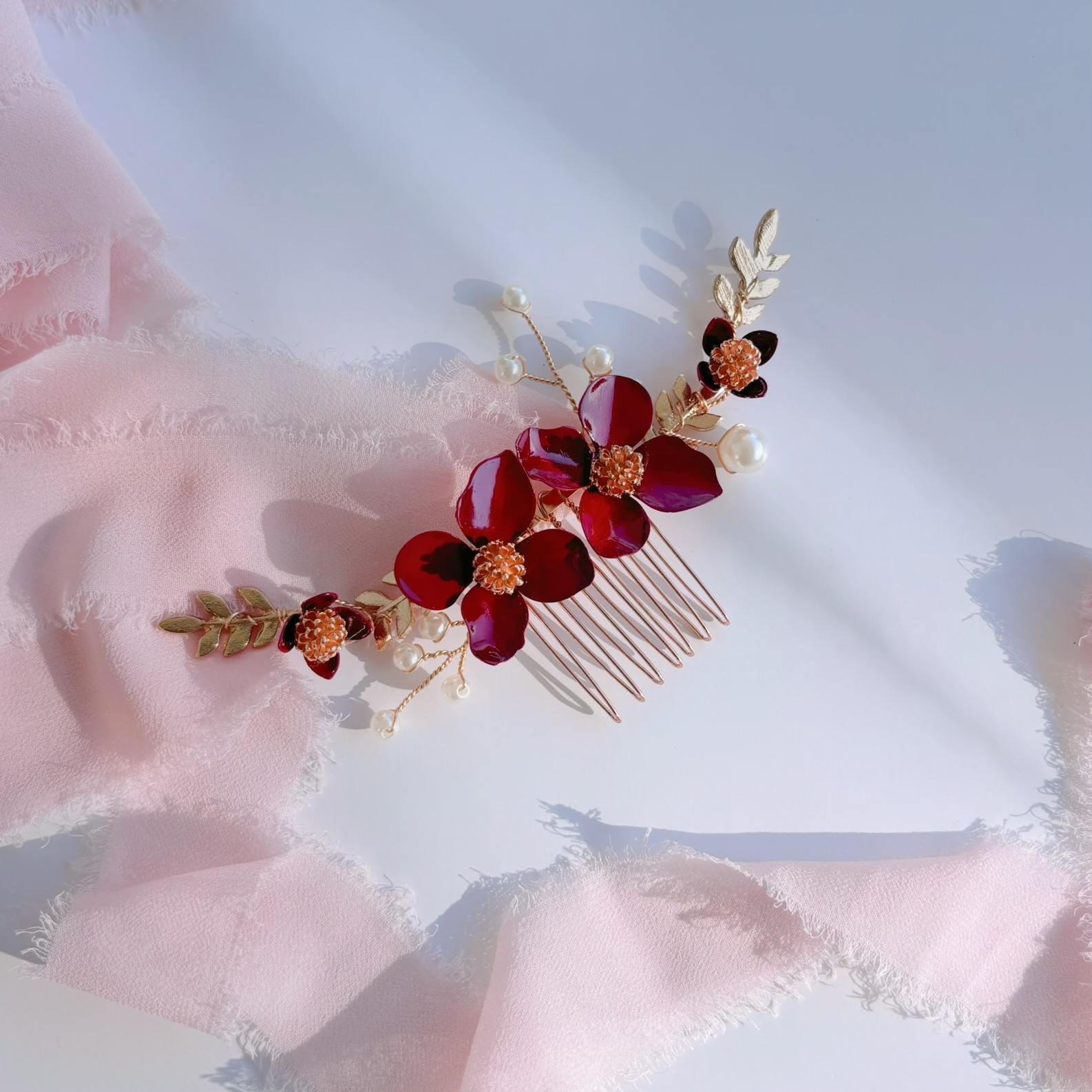 MULAN - Wedding Hair Comb With Red Flowers, Gold Leaf and 