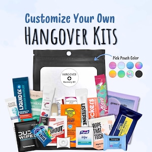 May include: A black pouch with a white label reading Hangover Recovery Kit, surrounded by various personal care items including Liquid I.V., Shout wipes, Purell, Listerine, and face wipes. A color chart shows eight pouch color options.