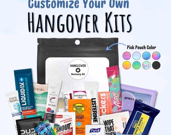 Puede incluir: Una bolsa negra con una etiqueta blanca que dice Hangover Recovery Kit, rodeada de varios artículos de cuidado personal como Liquid I.V., toallitas Shout, Purell, Listerine y toallitas faciales. Una tabla muestra ocho opciones de color.