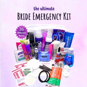 May include: A clear plastic pouch containing 36 different items for a bride emergency kit. Visible products include a pink razor, Liquid I.V. packet, Crest mouthwash, Band-Aid pads, Neutrogena wipes, hair ties, bobby pins, and various personal care items.