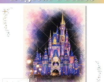 Castle 50th Magic Kingdom Night Photograph-Watercolor Art | Fairy Tale Princess Castle | Disney Home Decor | Instant Download | WDW Poster