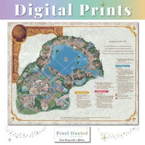 Può includere: Una mappa illustrata dettagliata del parco a tema EPCOT con una laguna centrale, posizioni delle attrazioni numerate e una guida testuale intitolata Guide to EPCOT. La mappa include un bordo dorato decorativo e un'icona a forma di sfera.