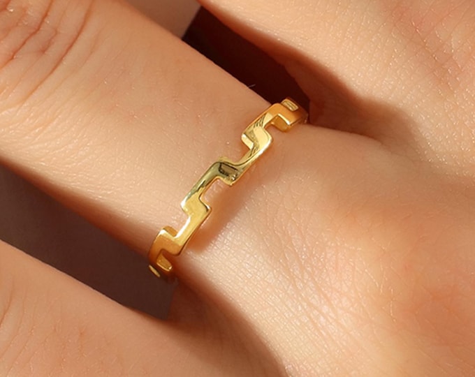 14K Gold Greek Key Ring, Geometric Band