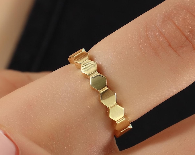 14K Gold Ring, Hexagon Ring, Honeycomb Ring, Solid Gold Ring, Statement Rings, Stackable Rings, Dainty Ring, Geometric Ring, 10K Gold Ring