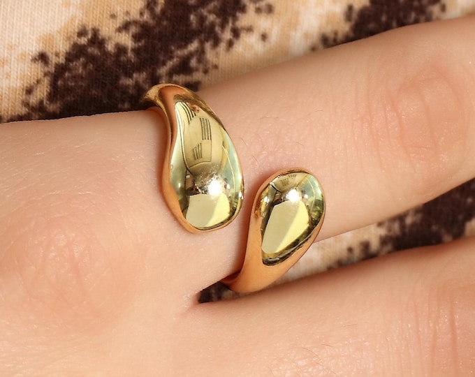 14K Gold Teardrop Bypass Ring, Chunky Statement Ring