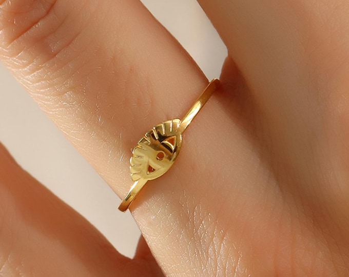 Dainty 14K Gold Evil Eye Ring, Stackable Opal Band