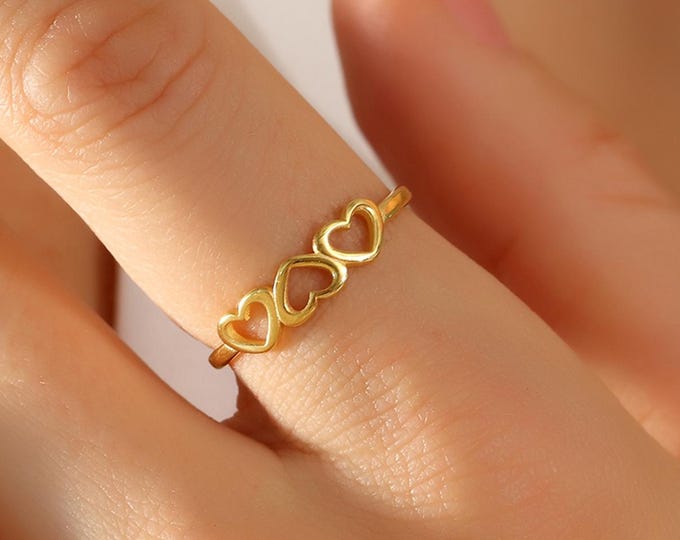14K Gold Three Heart Ring, Open Love Band