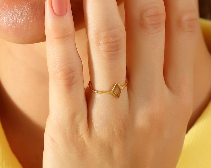 10K Gold Rhombus Ring, Minimalist Open Square Ring