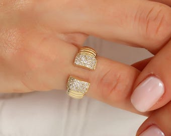 Gold Ribbed Open Band, Dainty Stackable Cubic Zirconia Knuckle Ring