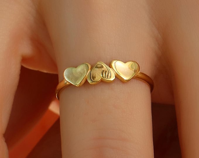 Dainty 10K Gold Triple Heart Ring, Minimalist Love Ring