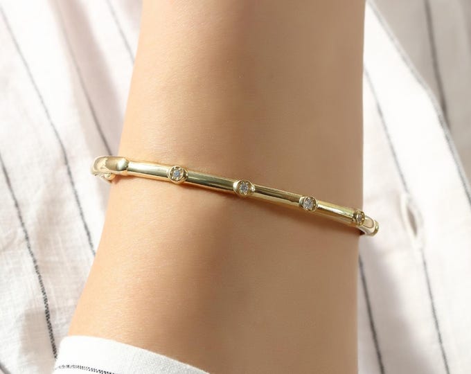 Featured listing image: 14K Gold Bezel Set Bangle, Cubic Zirconia, Modern Stackable Bracelet