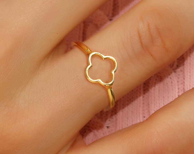 14K Gold Four Leaf Clover Ring, Open Luck Ring