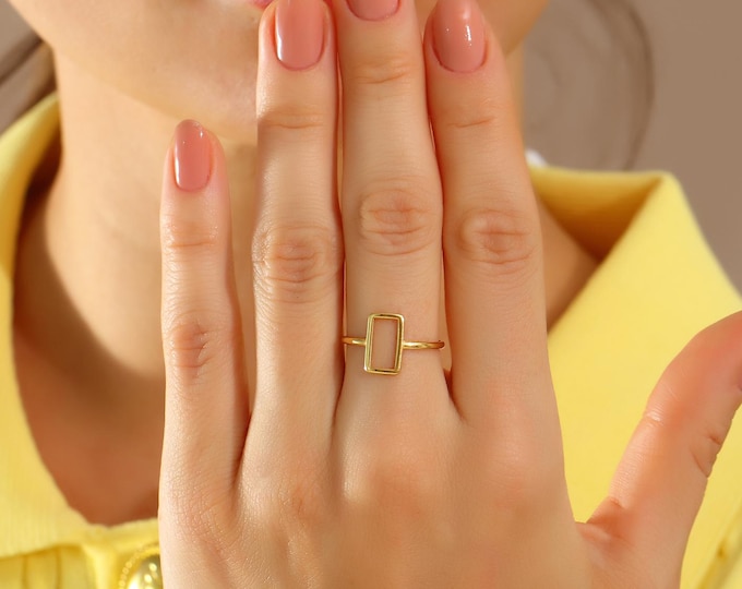 10K Gold Open Rectangle Ring, Minimalist Geometric Jewelry