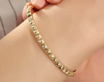 14K Gold Pyramid Bangle, Dainty Modern Geometric Bracelet Adorned with Petite Cubic Zirconia