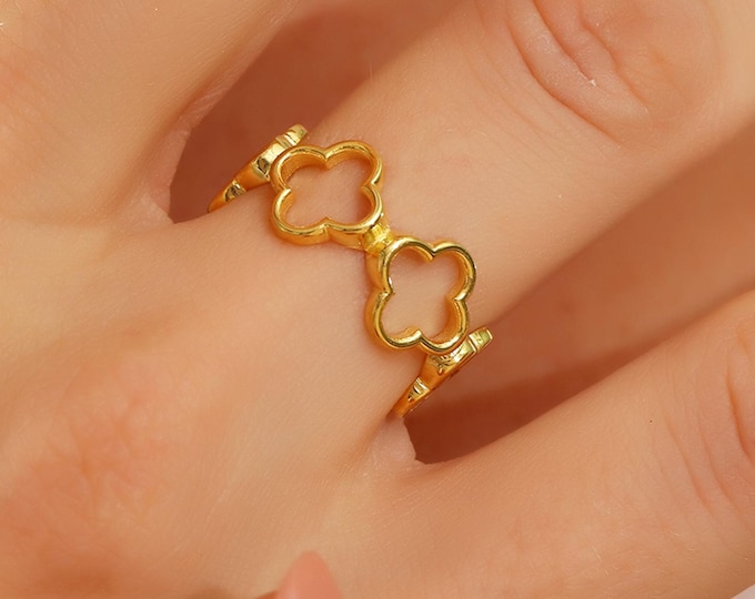 14K Gold Four Leaf Clover Ring, Lucky Stacking Ring