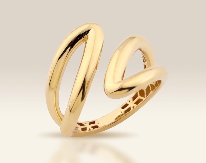 14K Gold Bypass Ring, Double Loop, Unique Statement Ring