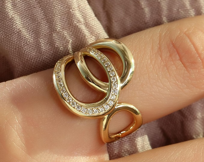 14K Gold Interlock Ring, Cubic Zirconia Bypass Ring