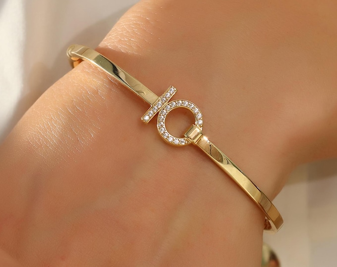 14K Gold Bangle, Pave Circle Dainty Solid Gold Bracelet