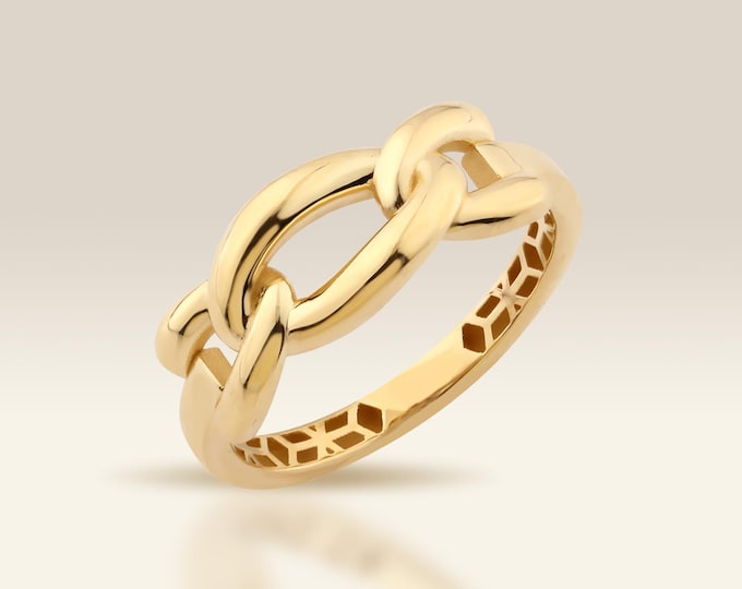 14K Gold Cuban Chain Ring, Minimalist Stacking Band