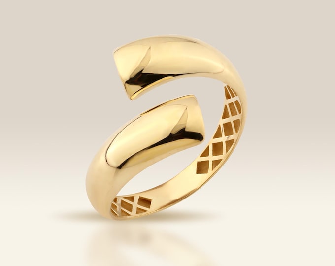 Solid Gold Bypass Ring, Minimalist Teardrop Wrap Ring